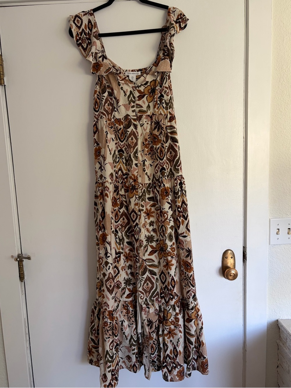 Lucky Brand Bohemian Floral Maxi Dress in Beige and Brown